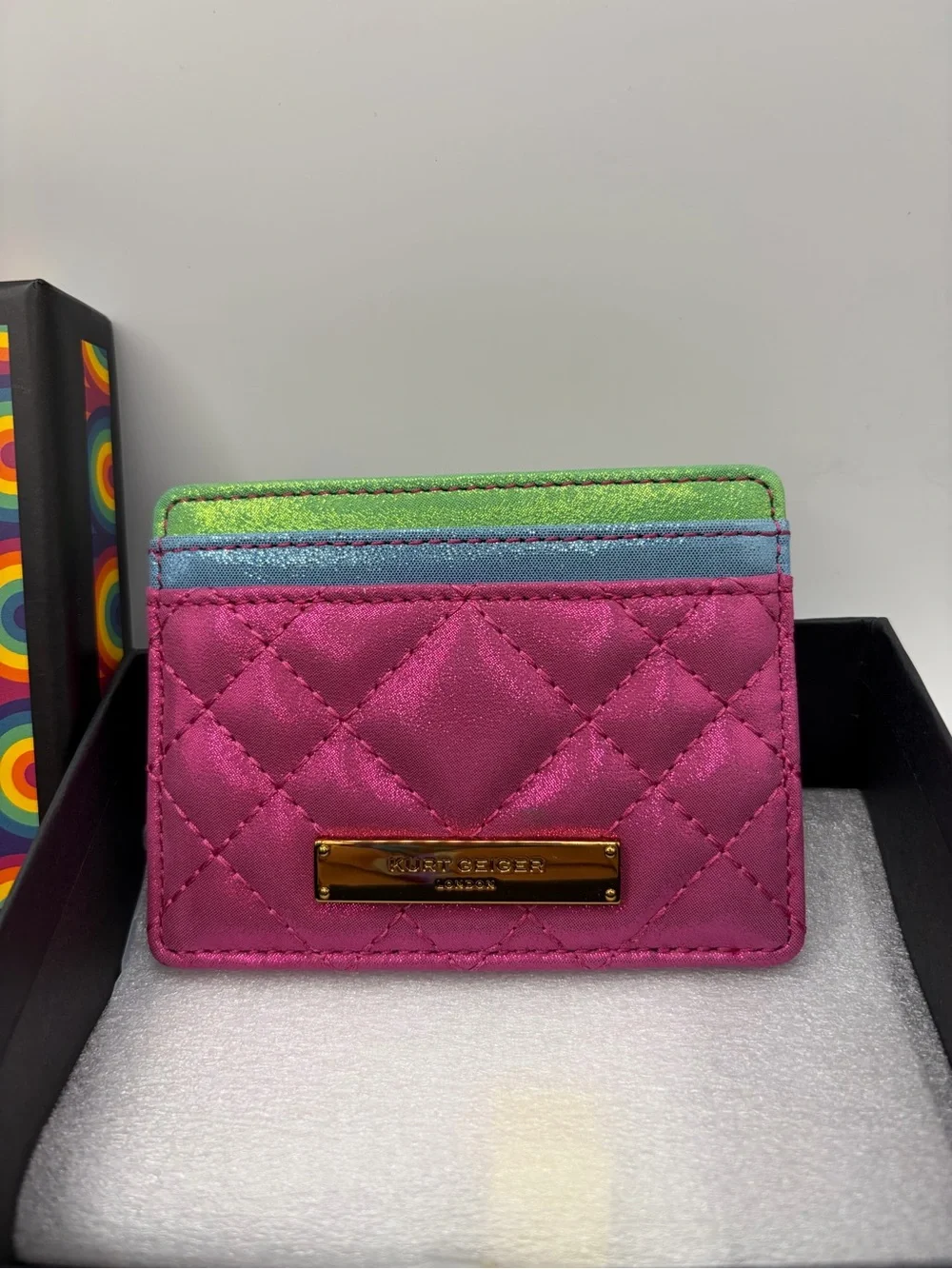 Kurt Geiger Hot Pink Quilted Card Holder with Green & Blue Trim